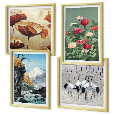Set de 4 cuadros para salón con diseño de montañas, cascada, pájaros y flores