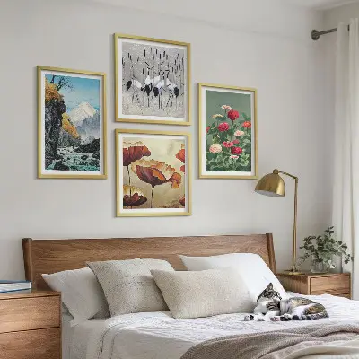 Set de 4 cuadros para salón con diseño de montañas, cascada, pájaros y flores