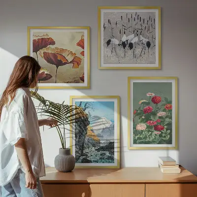 Set de 4 cuadros para salón con diseño de montañas, cascada, pájaros y flores