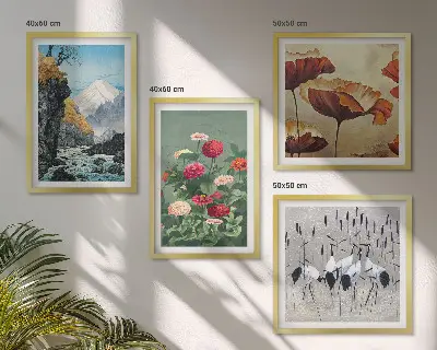 Set de 4 cuadros para salón con diseño de montañas, cascada, pájaros y flores