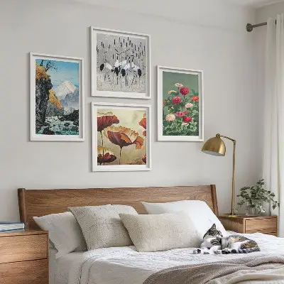 Set de 4 cuadros para salón con diseño de montañas, cascada, pájaros y flores