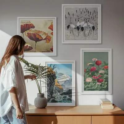 Set de 4 cuadros para salón con diseño de montañas, cascada, pájaros y flores