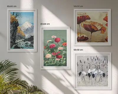 Set de 4 cuadros para salón con diseño de montañas, cascada, pájaros y flores
