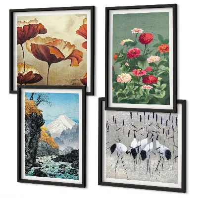 Set de 4 cuadros para salón con diseño de montañas, cascada, pájaros y flores