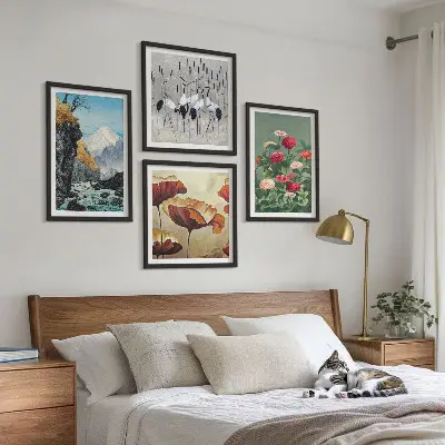 Set de 4 cuadros para salón con diseño de montañas, cascada, pájaros y flores