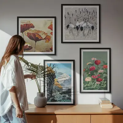 Set de 4 cuadros para salón con diseño de montañas, cascada, pájaros y flores