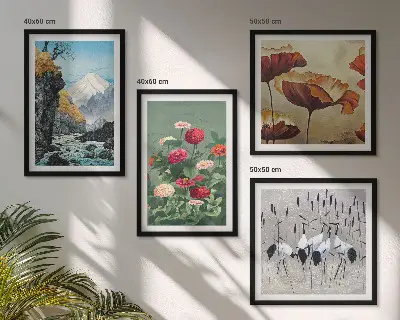 Set de 4 cuadros para salón con diseño de montañas, cascada, pájaros y flores