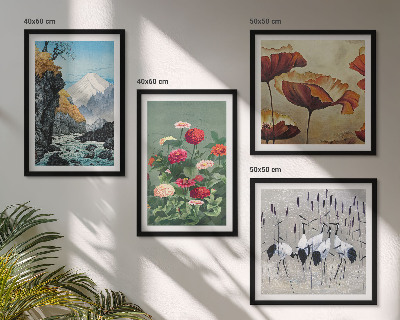 Set de 4 cuadros para salón montañas cascada pájaros flores