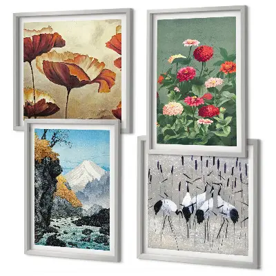 Set de 4 cuadros para salón con diseño de montañas, cascada, pájaros y flores