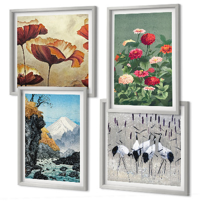 Set de 4 cuadros para salón montañas cascada pájaros flores
