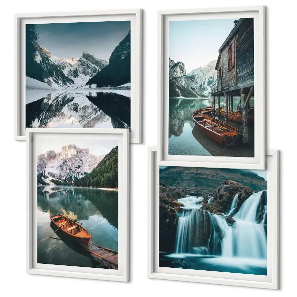 Set de 4 cuadros para salón con diseño de reflejo de barcos en lagos de montaña