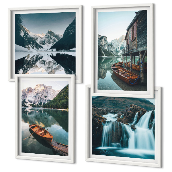 Set de 4 cuadros para salón Reflejo de barcos en lagos de montaña