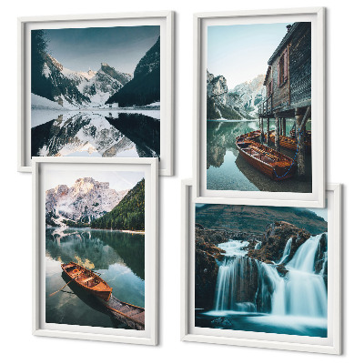 Set de 4 cuadros para salón Reflejo de barcos en lagos de montaña