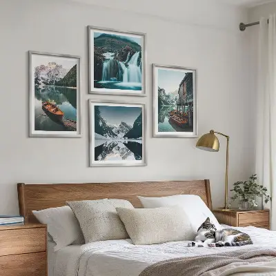 Set de 4 cuadros para salón con diseño de reflejo de barcos en lagos de montaña