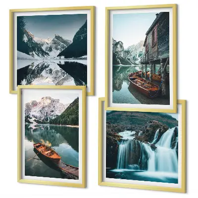 Set de 4 cuadros para salón con diseño de reflejo de barcos en lagos de montaña