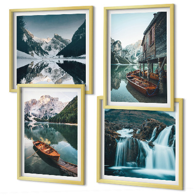 Set de 4 cuadros para salón Reflejo de barcos en lagos de montaña