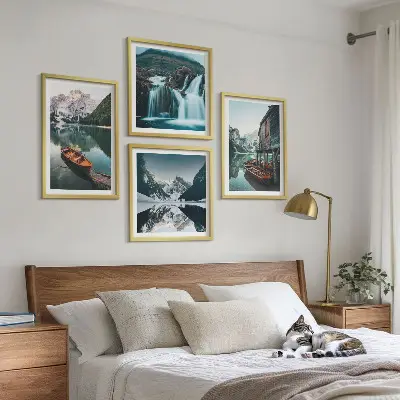 Set de 4 cuadros para salón con diseño de reflejo de barcos en lagos de montaña