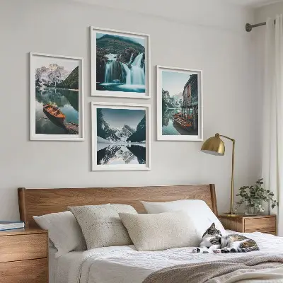 Set de 4 cuadros para salón con diseño de reflejo de barcos en lagos de montaña