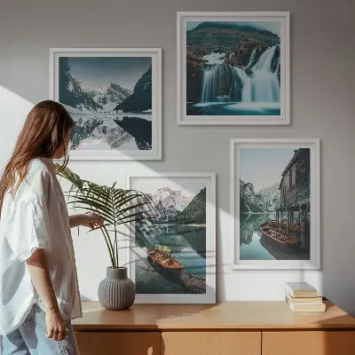 Set de 4 cuadros para salón con diseño de reflejo de barcos en lagos de montaña
