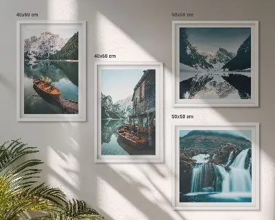 Set de 4 cuadros para salón con diseño de reflejo de barcos en lagos de montaña