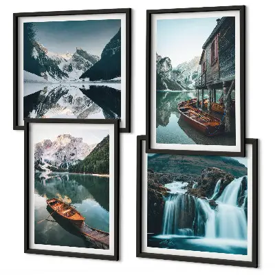 Set de 4 cuadros para salón con diseño de reflejo de barcos en lagos de montaña