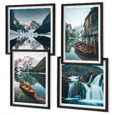 Set de 4 cuadros para salón Reflejo de barcos en lagos de montaña