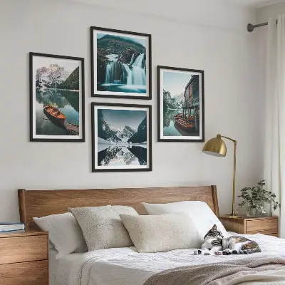 Set de 4 cuadros para salón con diseño de reflejo de barcos en lagos de montaña