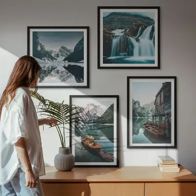 Set de 4 cuadros para salón con diseño de reflejo de barcos en lagos de montaña