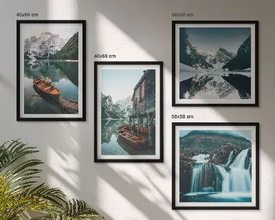 Set de 4 cuadros para salón con diseño de reflejo de barcos en lagos de montaña