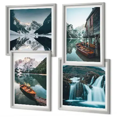 Set de 4 cuadros para salón con diseño de reflejo de barcos en lagos de montaña