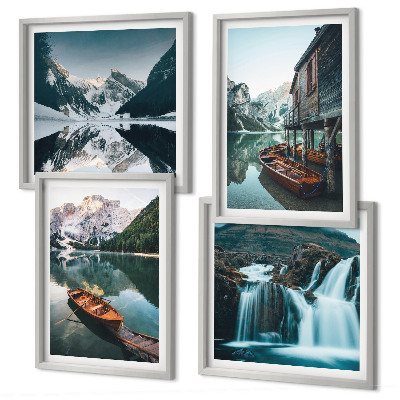 Set de 4 cuadros para salón Reflejo de barcos en lagos de montaña