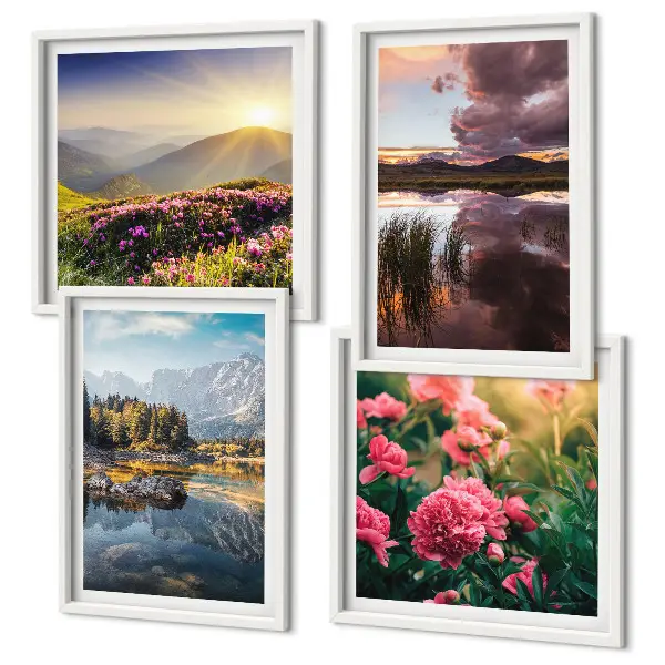 Galería de pared flores en un prado de jardín de montaña con agua