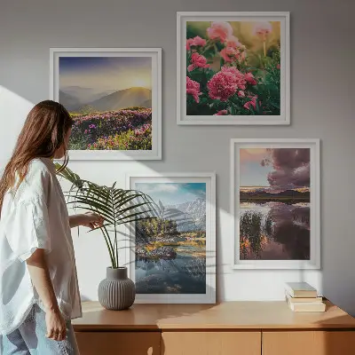 Galería de pared flores en un prado de jardín de montaña con agua