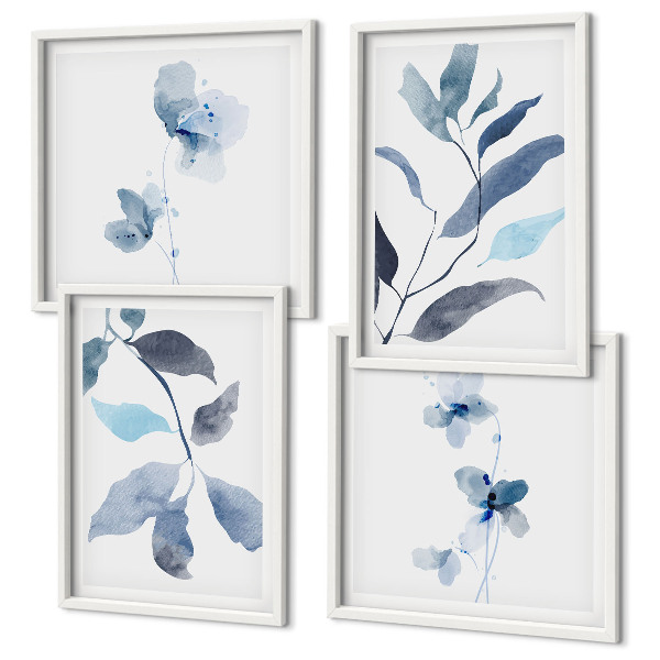 Set de 4 cuadros para salón Acuarela de hojas azules