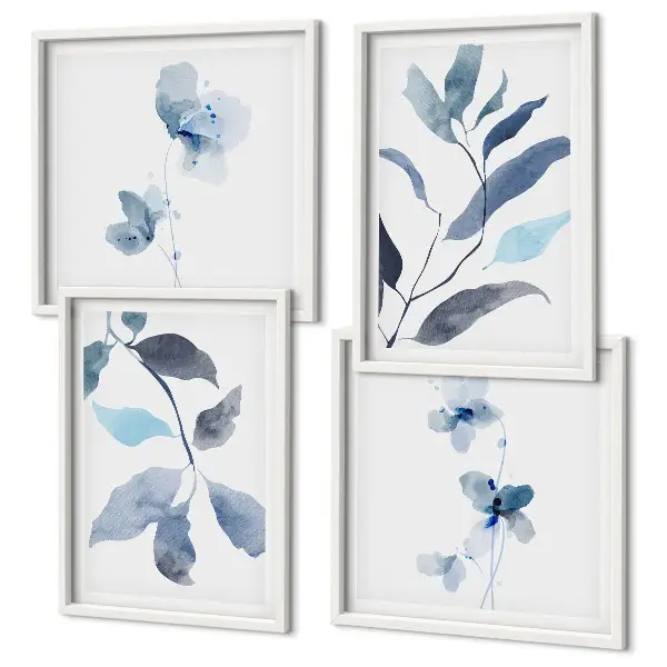 Set de 4 cuadros para salón con diseño de acuarela de hojas azules
