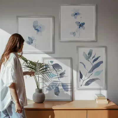 Set de 4 cuadros para salón con diseño de acuarela de hojas azules