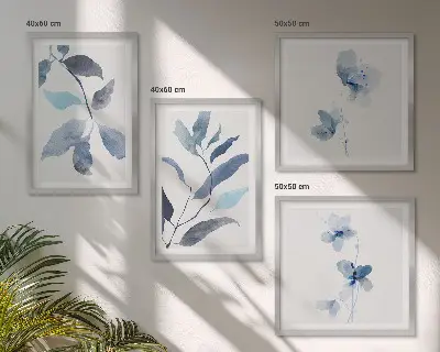 Set de 4 cuadros para salón con diseño de acuarela de hojas azules