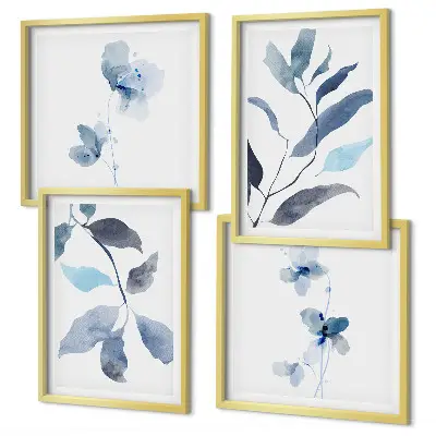Set de 4 cuadros para salón con diseño de acuarela de hojas azules