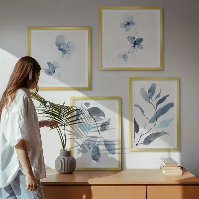 Set de 4 cuadros para salón con diseño de acuarela de hojas azules