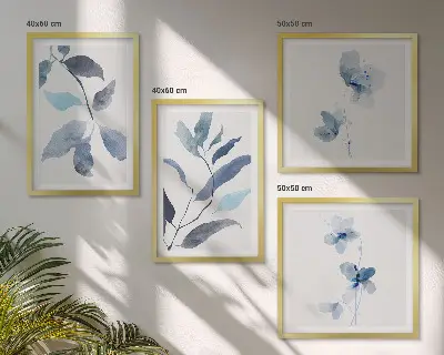 Set de 4 cuadros para salón con diseño de acuarela de hojas azules