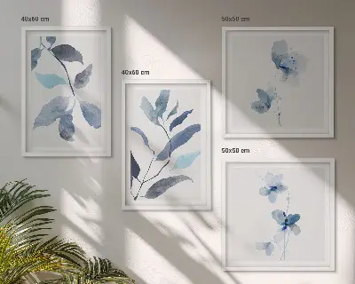 Set de 4 cuadros para salón con diseño de acuarela de hojas azules