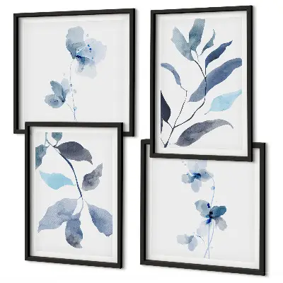 Set de 4 cuadros para salón con diseño de acuarela de hojas azules