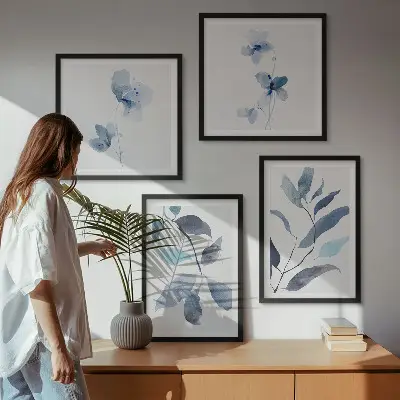 Set de 4 cuadros para salón con diseño de acuarela de hojas azules