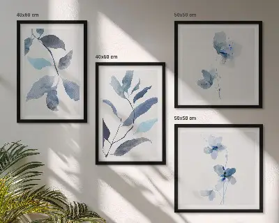 Set de 4 cuadros para salón con diseño de acuarela de hojas azules