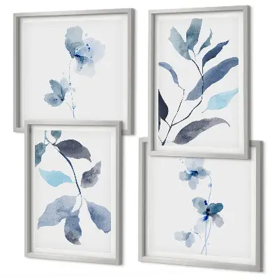 Set de 4 cuadros para salón con diseño de acuarela de hojas azules