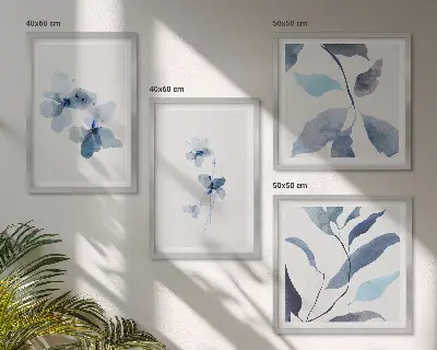 Galería de pared flores con diseño minimalista en tonos azules