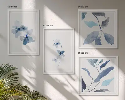 Galería de pared flores con diseño minimalista en tonos azules