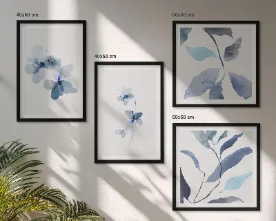 Galería de pared flores con diseño minimalista en tonos azules