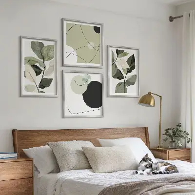 Set de 4 cuadros abstractos con diseño de hojas pintadas para salón