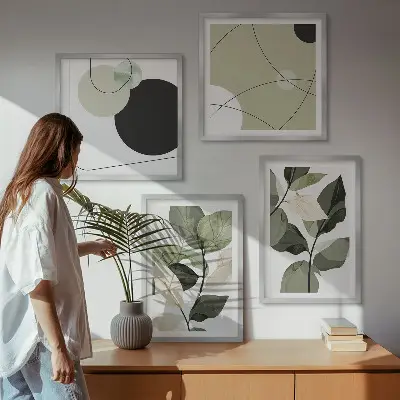 Set de 4 cuadros abstractos con diseño de hojas pintadas para salón